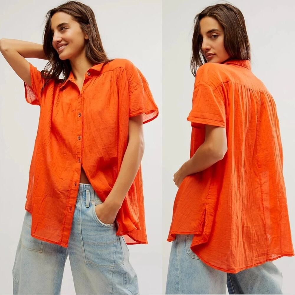 Free People Oversized Lightweight Gauze Float Away Shirt Orange Tangerine Large